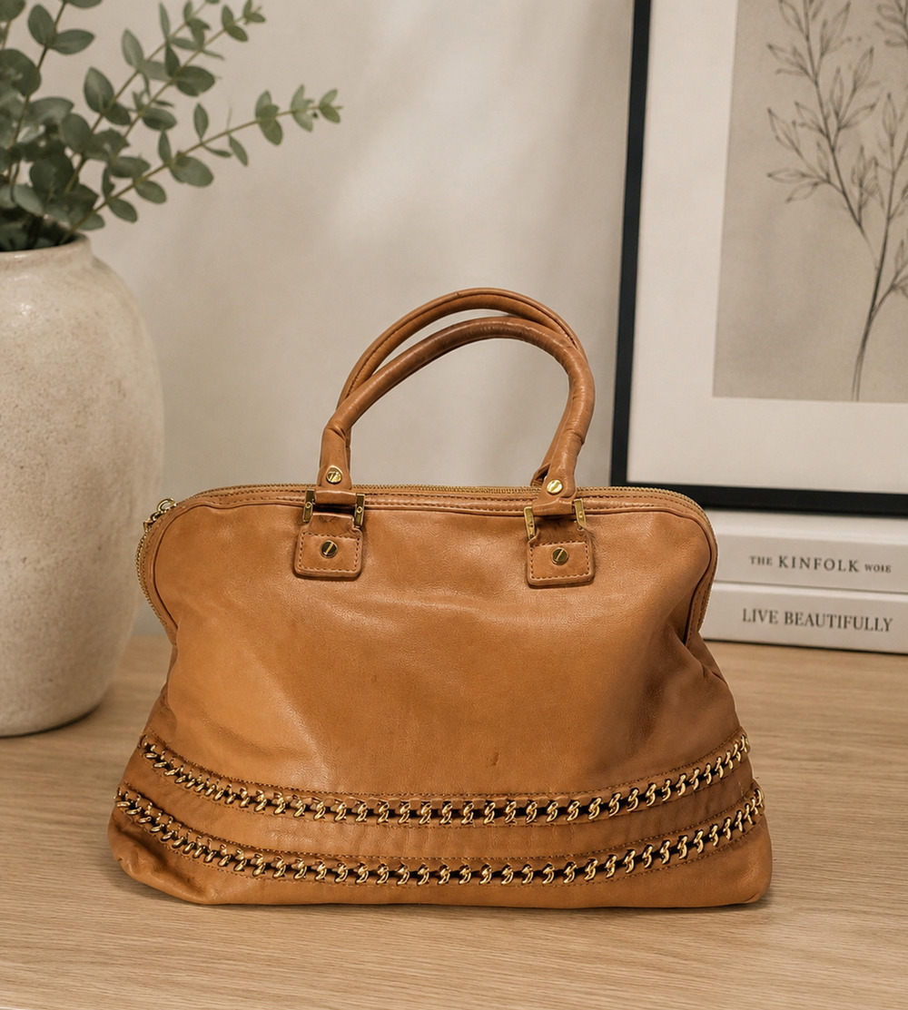 Authentic Tory Burch Tan Leather Satchel Tote Bag Gold Chain Trim Hanging Mirror